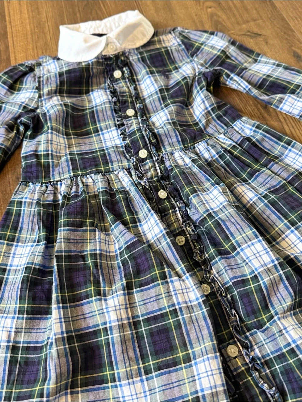 Ralph Lauren Girls 18M Plaid Long Sleeve Dress Peter Pan Collar Button Front